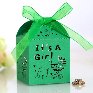 Green It's A Girl laser-cut baby shower candy box with ribbon and stroller pattern
