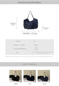 Detailed size chart and specifications for large capacity denim tote bag showing dimensions