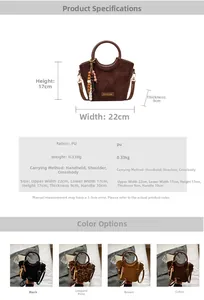 Size chart showing dimensions and colors for the PU leather bucket bag with beads