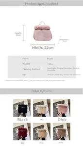 Detailed size chart and material specifications for the plush mini backpack and color options
