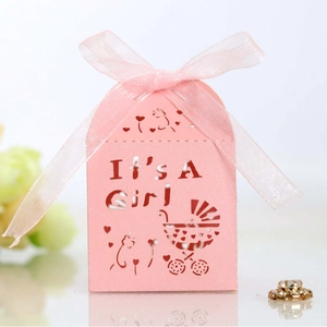 It's A Girl Laser Cut Baby Shower Favor Box With Ribbon Heart Stroller Pattern Pearlescent Paper Candy Packaging For Newborn Party