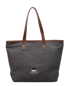 Deep grey canvas tote bag with brown handles and embroidered cartoon motif on white background
