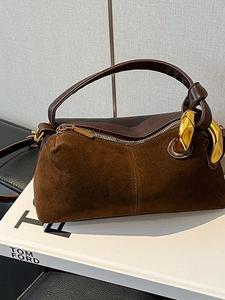 Women's Vintage PU Leather Patchwork Crossbody Bag Fashionable Suede Look Pillow Shoulder Bag With Chunky Gold Metal Ring