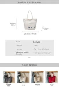 Vue détaillée du sac cabas en toile avec dimensions et lettres TELN brodées