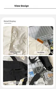 Water-resistant nylon fabric detail with quilted texture and metal zipper hardware