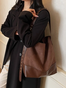 Large Capacity Retro PU Suede Look Patchwork Tote Bag For Women Versatile Commuter Shoulder Bucket Bag With Adjustable Strap