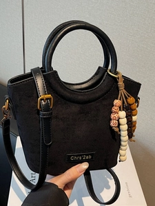 Vintage Women PU Suede Texture Bucket Bag With Beaded Charm Round Handle Crossbody Shoulder Bag For Daily Commuting Office
