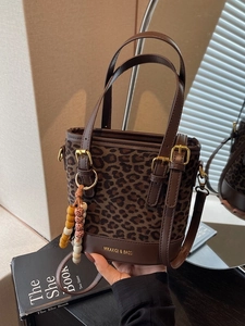 Leopard Print Bucket Bag Women PU Leather Spliced Handbag With Bead Charm Adjustable Shoulder Strap Vintage Fashion Crossbody Bag