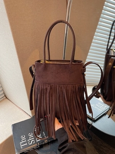 Sac Seau à Gland Rétro pour Femmes en Cuir PU Imitation Daim Sac à Bandoulière Franges Mode Couleur Unie pour Femmes