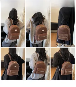 Detail shots of mini leopard print backpack featuring gold zippers and brown straps