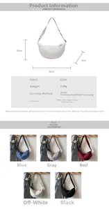 Detailed dimension guide and multi-color options for this versatile fabric crescent bag