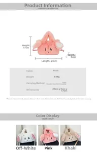 Detailed size chart and multi-color options for the cute plush rabbit crossbody bag