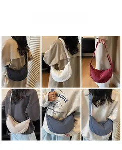 Detailed views of various colored crescent shoulder bags on a model in minimalist style