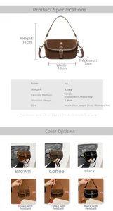 Detailed size guide showing dimensions of 19x11x7cm for the retro PU shoulder bag