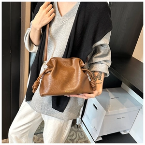 Brown pleated bucket bag detail featuring crossbody strap and elegant knot design