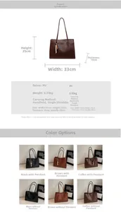 Detailed size specifications and color comparison of the vintage leather tote bag
