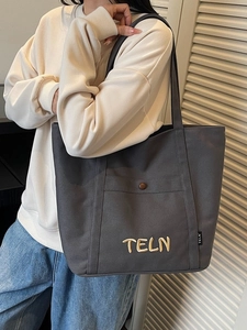 Grand sac cabas en toile gris foncé avec broderie TELN et poche avant pratique