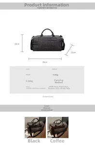 Detailed size guide for striped canvas travel bag with shoe compartment and wet pocket