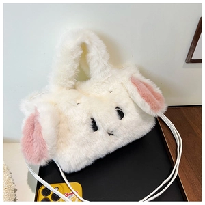 Detailed close-up of fluffy white plush bunny bag with long pink ears and crossbody strap