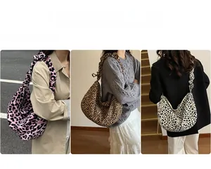 Three leopard print tote bags in pink, brown, and cream with ruched strap detail