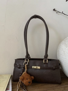 Retro dark coffee shoulder bag with textured leather and cute plush bear charm