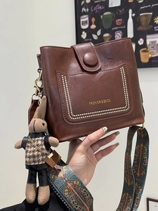 Retro PU Leather Bucket Bag For Women Fashion Korean Style Shoulder Crossbody Bag With Ethnic Wide Strap And Rabbit Pendant