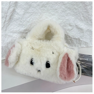 Close-up of white plush dog-shaped bag featuring soft faux fur and pink floppy ears
