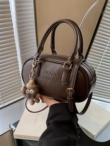 Vintage PU Leather Bowling Bag For Women Retro Solid Color Pillow Crossbody Bag With Plush Charm Fashion Handbag Shoulder Bag