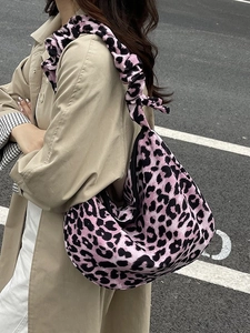 Pink leopard print plush hobo bag with wide ruched shoulder strap for autumn fashion