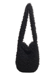 Front view of a black fuzzy teddy fleece hobo shoulder bag with a soft plush texture