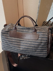 Canvas Striped Travel Duffel Bag With Shoe Compartment Wet Pocket PU Leather Trim Gym Sport Bag For Men Women Casual Weekend Bag