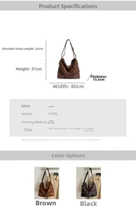 Detail view of leopard print suede tote dimensions and technical specifications