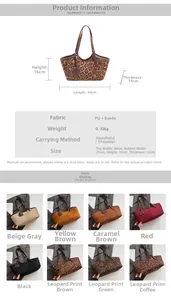 Detailed size specifications and color options for the large vintage suede tote bag