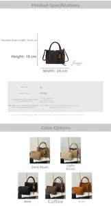 Detailed size specifications and color options for the stylish PU leather bucket handbag