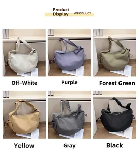 Six colors of pleated crescent crossbody bags with knotted straps and drawstring detail