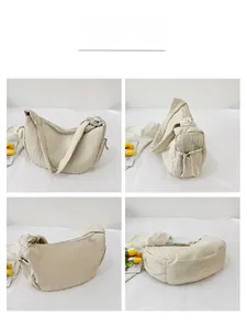 Detail shots of cream pleated hobo bag showing texture, straps and multi-angle views