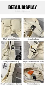Détails du sac fourre-tout en toile beige avec fermetures éclair et bandoulière réglable