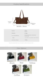 Detailed sizing guide for suede tote bag with dimensions 38x22x10 cm and strap length