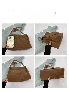 Vue détaillée sous quatre angles d'un sac cabas vintage marron avec bandoulière chaîne