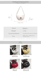 Quilted nylon crescent bag details showing size specs and colors including red and white