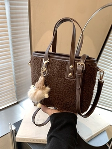 Women Plush Bucket Bag Lamb Wool Texture Handbag With Monster Charm Casual Retro PU Leather Shoulder Crossbody Bag