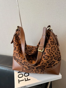 Vintage Leopard Print Suede Large Capacity Tote Bag For Women Fashion Hobo Shoulder Bag With Adjustable Leather Strap