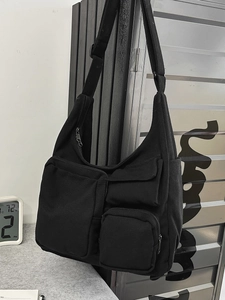 Sac fourre-tout vintage en toile noire à plusieurs poches avec une grande capacité
