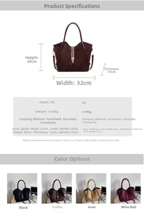 Detailed size specifications and color options for the retro matte bucket shoulder bag