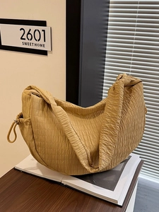 Women Pleated Canvas Hobo Bag Large Capacity Quilted Half Moon Crossbody Bag Casual Versatile Knot Strap Shoulder Tote Bag