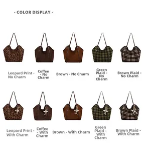 Overview of leopard print and plaid tote bags with optional teddy bear pendants