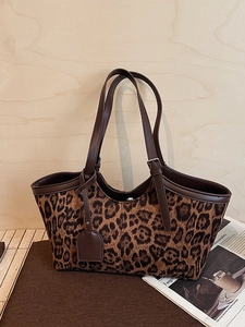 Vintage Suede Leopard Print Tote Bag For Women Large Capacity Shoulder Bag Spliced Faux Leather Commuter Handbag Hobo Bag XX-7355