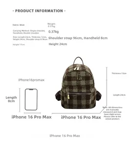 Detailed size comparison of the plaid backpack next to an iPhone 16 Pro Max