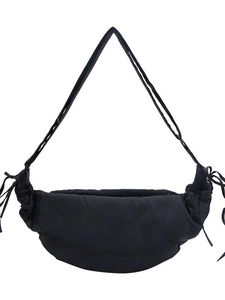 Minimalist black crescent dumpling bag with puffer nylon fabric and drawstring detail