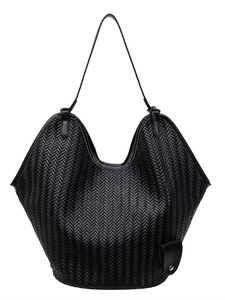 Large black chevron woven tote bag with minimalist shoulder straps on white background